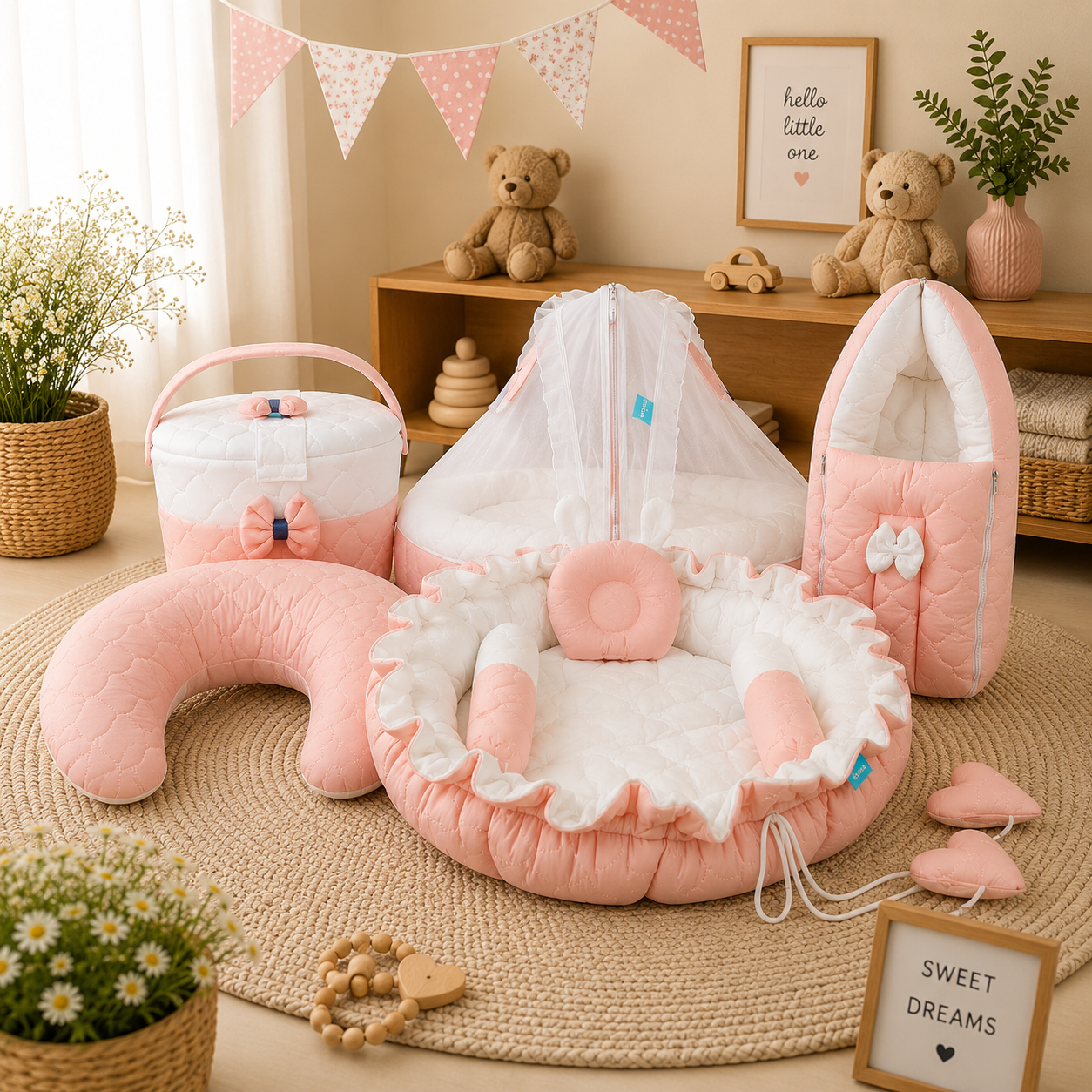 NEW BORN BABY 5 SET COMBO (5 in 1 Premium Newborn Baby Combo Set – Carry Bed, Feeding Pillow, Round Nest Bed, Sleeping Bed with Mosquito Net & Cute Hospital Basket)