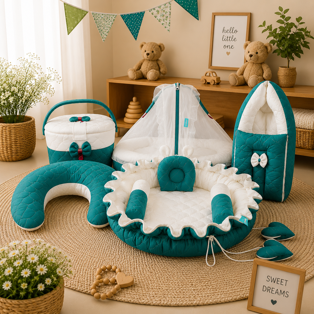 NEW BORN BABY 5 SET COMBO (5 in 1 Premium Newborn Baby Combo Set – Carry Bed, Feeding Pillow, Round Nest Bed, Sleeping Bed with Mosquito Net & Cute Hospital Basket)