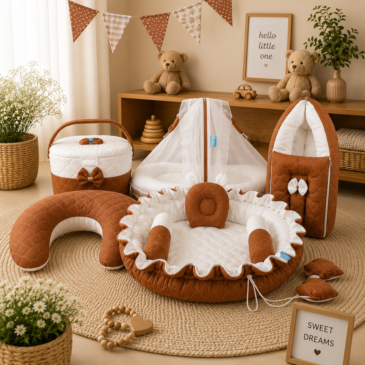 NEW BORN BABY 5 SET COMBO (5 in 1 Premium Newborn Baby Combo Set – Carry Bed, Feeding Pillow, Round Nest Bed, Sleeping Bed with Mosquito Net & Cute Hospital Basket)