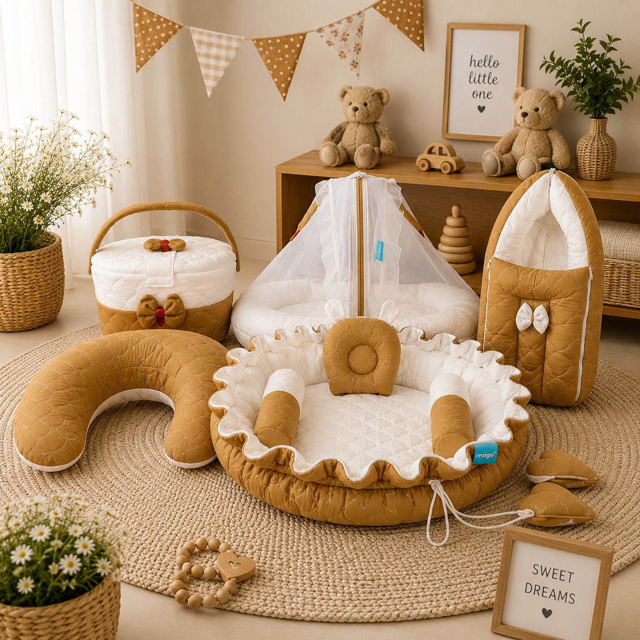 NEW BORN BABY 5 SET COMBO (5 in 1 Premium Newborn Baby Combo Set – Carry Bed, Feeding Pillow, Round Nest Bed, Sleeping Bed with Mosquito Net & Cute Hospital Basket)