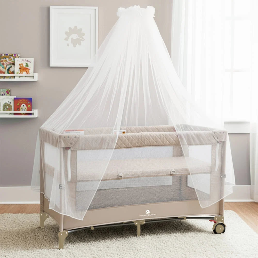 CozyCove Bedside Crib for Newborns, Convertible Baby Crib with Playpen, Mosquito Net, Comfortable Mattress and Easy Wheel Movement- Beige