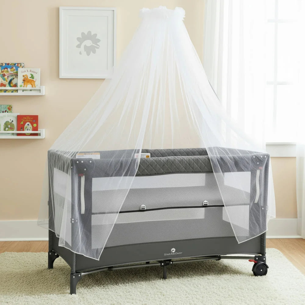 CozyCove Bedside Crib for Newborns, Convertible Baby Crib with Playpen, Mosquito Net, Comfortable Mattress and Easy Wheel Movement- Grey