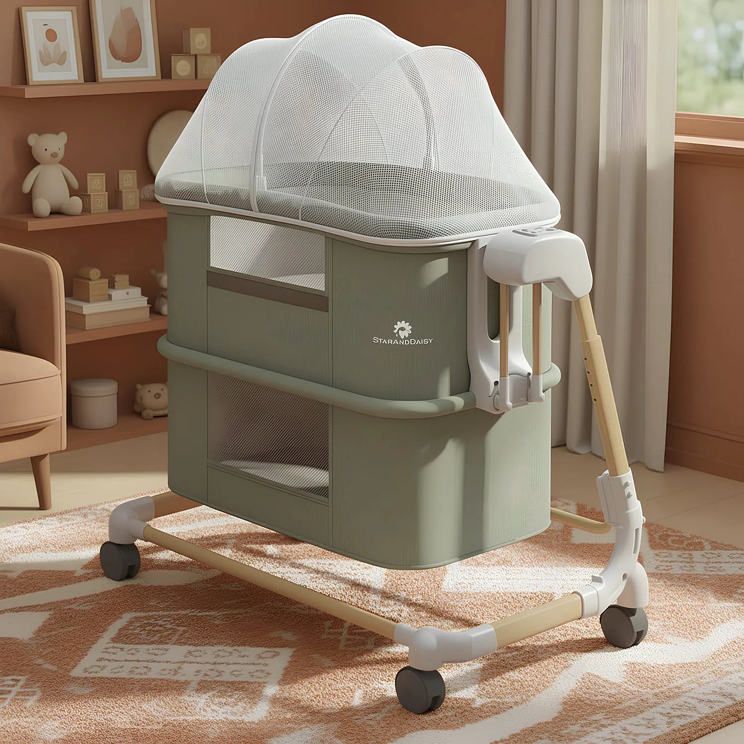 StarAndDaisy Deluxe 4-in-1 Electric Baby Swing Cradle with Adjustable Height | Automatic Baby Swing, Bedside Bassinet & Playpen | Newborn Baby Crib
