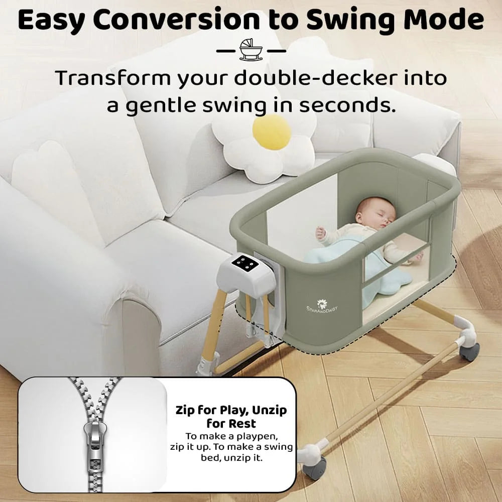 StarAndDaisy Deluxe 4-in-1 Electric Baby Swing Cradle with Adjustable Height | Automatic Baby Swing, Bedside Bassinet & Playpen | Newborn Baby Crib