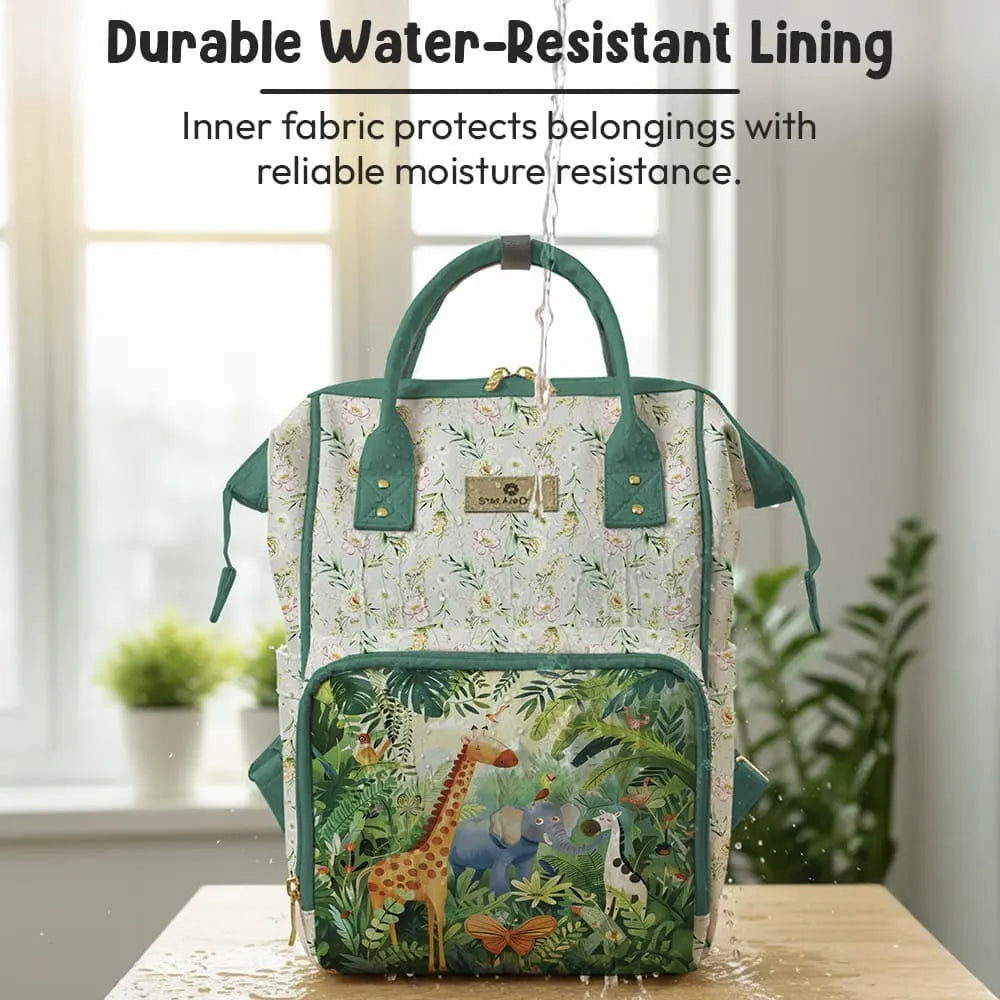Floral Baby Diaper Bag Backpack with Jungle Animal Front Pocket | Large Capacity Water-Resistant Mommy Travel Bag with Insulated Bottle Pockets & Multiple Compartments