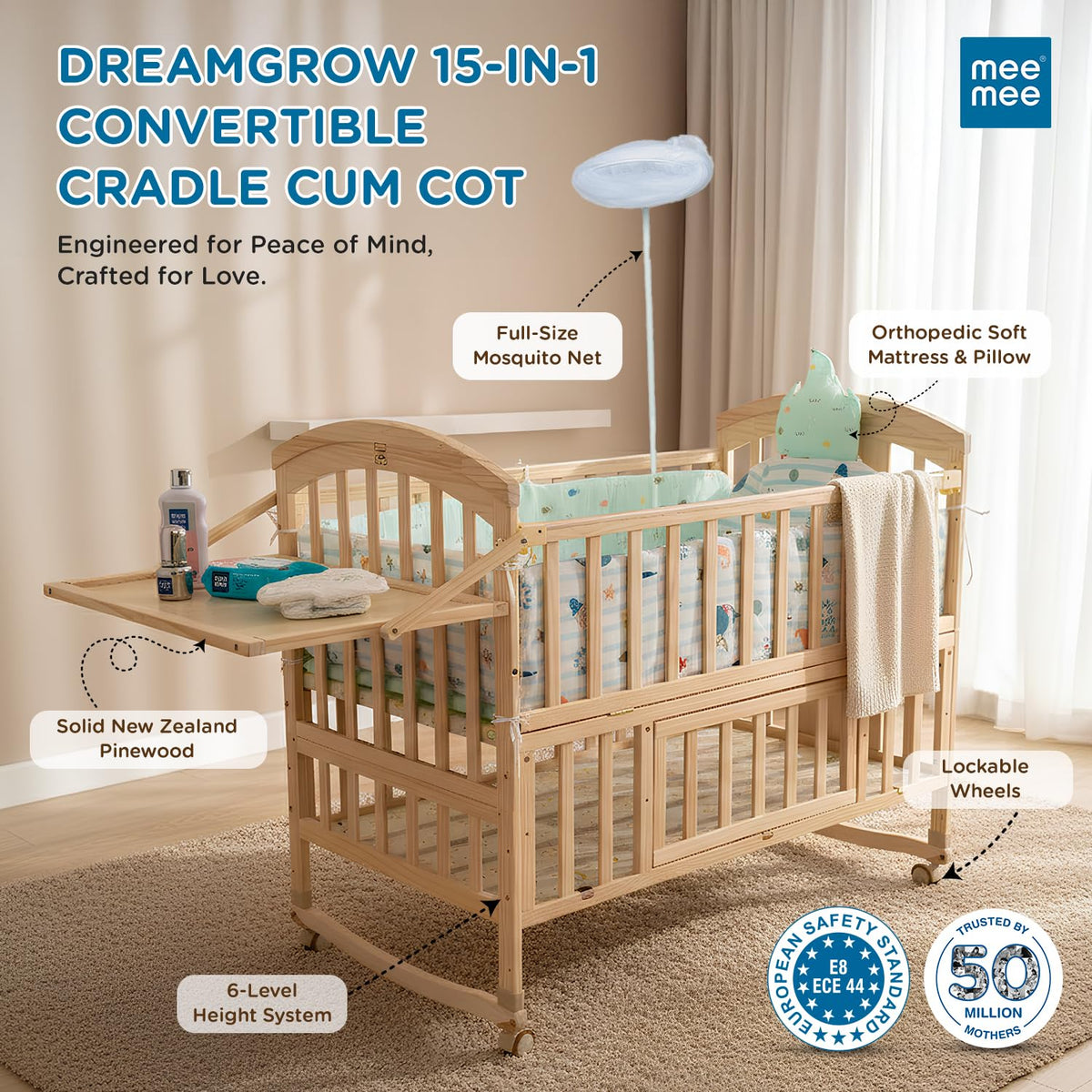 ee Mee 12-in-1 Wooden Baby Cot | Multi-Functional Convertible Baby Crib & Bed for Newborns and Kids