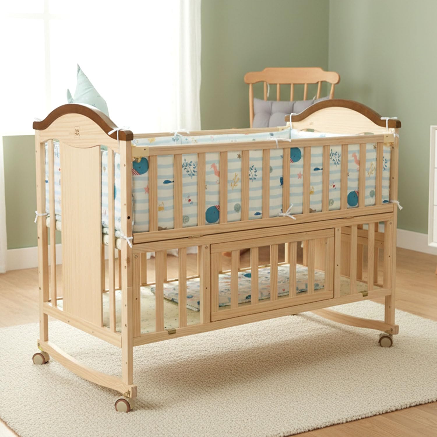 Mee Mee 12-in-1 Wooden Baby Cot Beige | Convertible Crib to Toddler Bed | Adjustable Height | Storage | Newborn to 5 Years