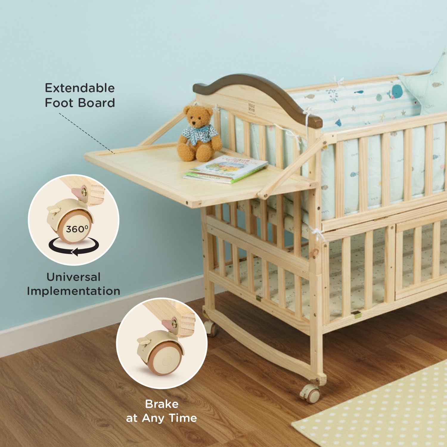 Mee Mee 12-in-1 Wooden Baby Cot Beige | Convertible Crib to Toddler Bed | Adjustable Height | Storage | Newborn to 5 Years