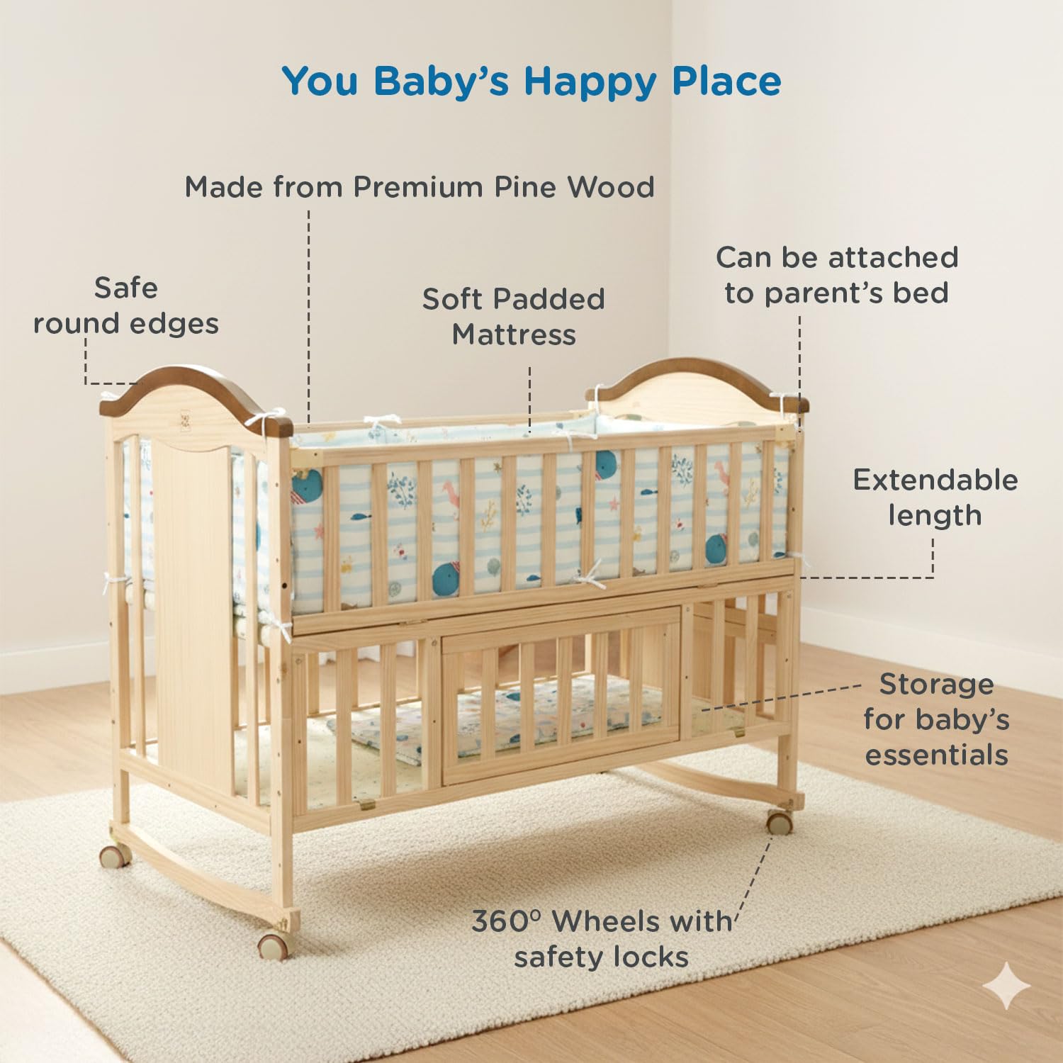 Mee Mee 12-in-1 Wooden Baby Cot Beige | Convertible Crib to Toddler Bed | Adjustable Height | Storage | Newborn to 5 Years