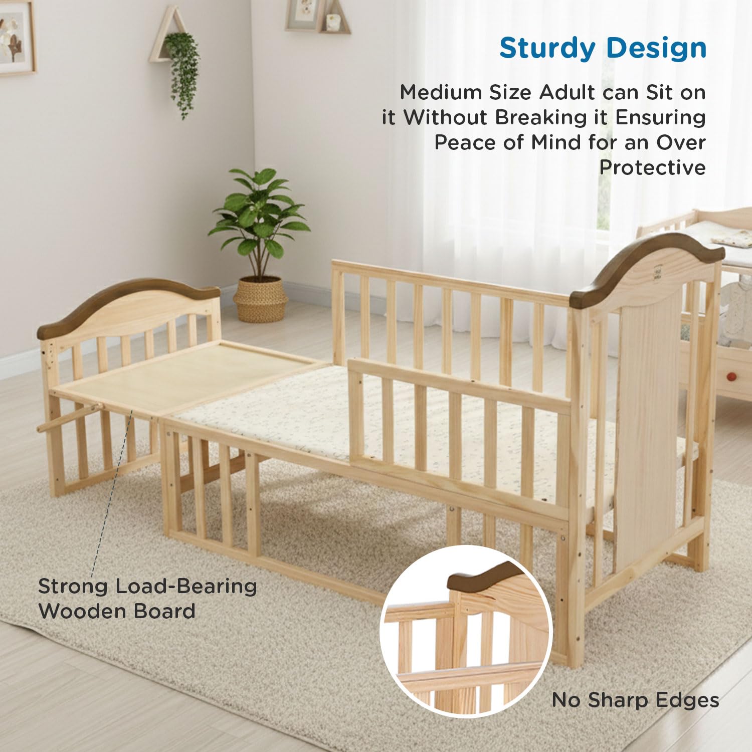 Mee Mee 12-in-1 Wooden Baby Cot Beige | Convertible Crib to Toddler Bed | Adjustable Height | Storage | Newborn to 5 Years