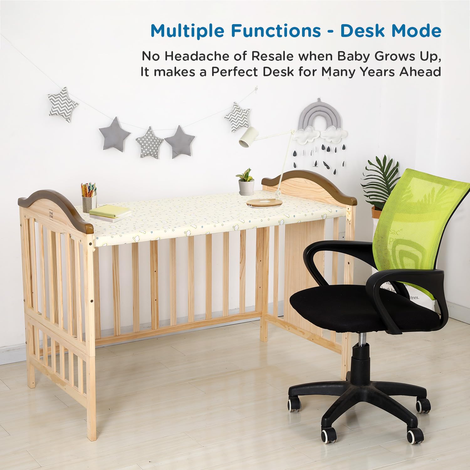 Mee Mee 12-in-1 Wooden Baby Cot Beige | Convertible Crib to Toddler Bed | Adjustable Height | Storage | Newborn to 5 Years