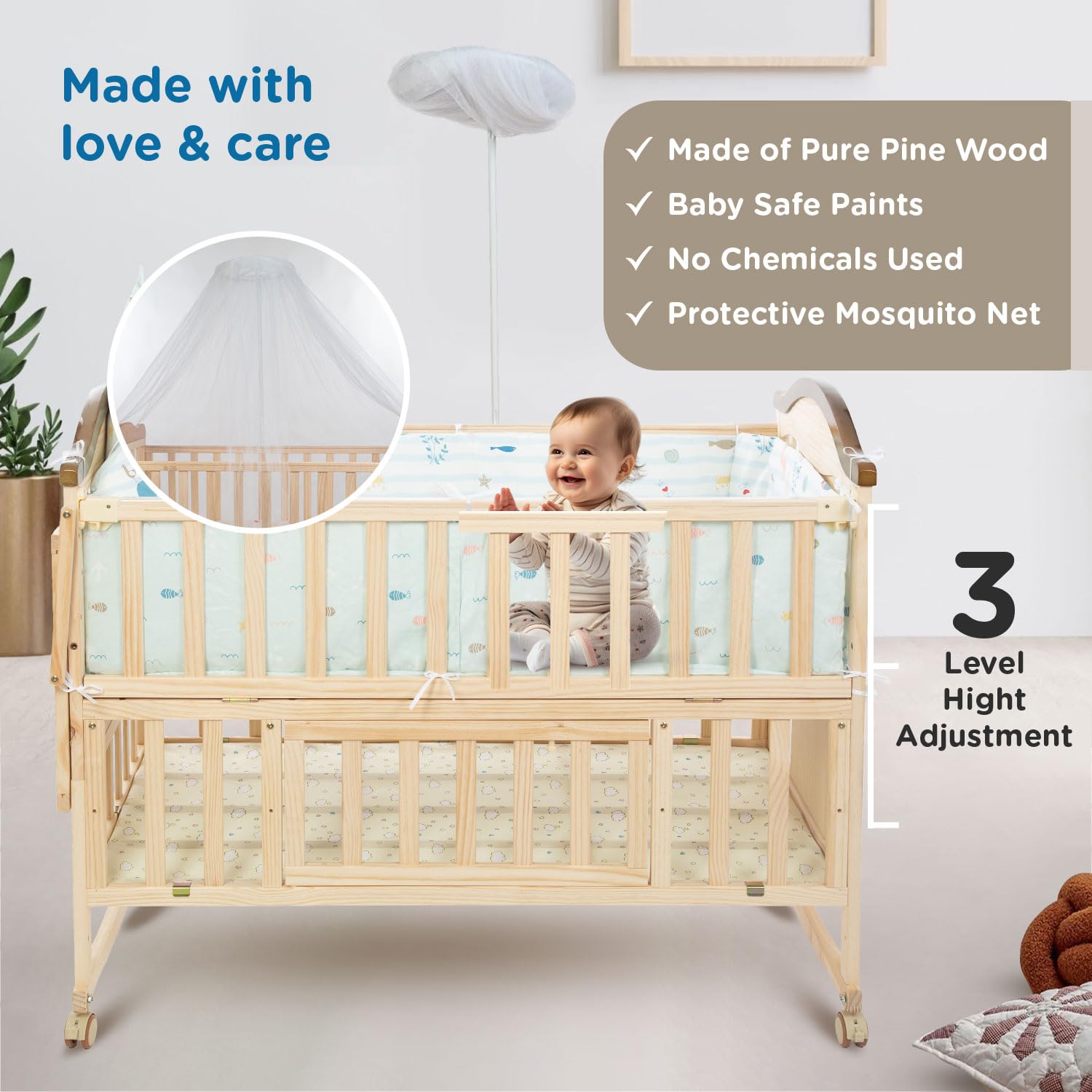 Mee Mee 12-in-1 Wooden Baby Cot Beige | Convertible Crib to Toddler Bed | Adjustable Height | Storage | Newborn to 5 Years