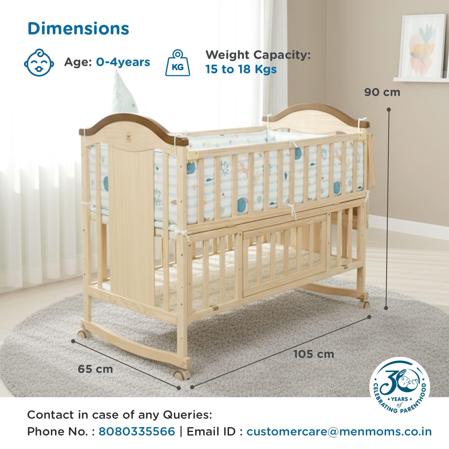 Mee Mee 12-in-1 Wooden Baby Cot Beige | Convertible Crib to Toddler Bed | Adjustable Height | Storage | Newborn to 5 Years