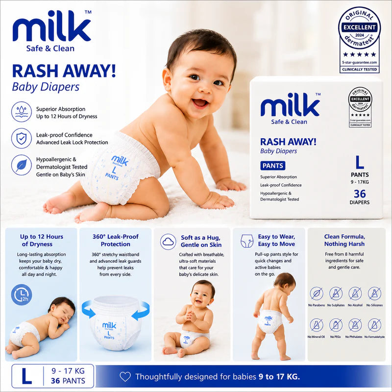 MILK Safe & Clean Baby Diapers Flexi Tape L | Pack of 36 | Soft, Leak-Proof Disposable Diapers for Newborn Babies