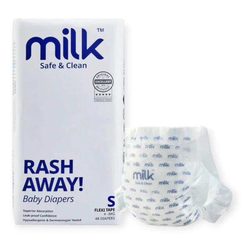 MILK Safe & Clean Baby Diapers Flexi Tape S | Pack of 48 | Soft, Leak-Proof Disposable Diapers for Newborn Babies