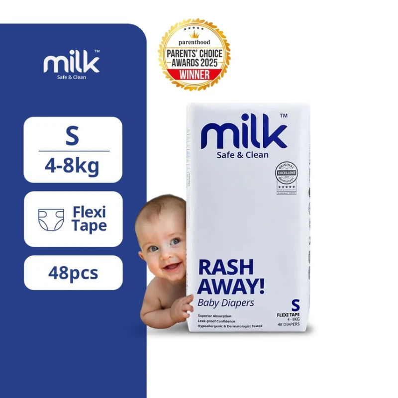 MILK Safe & Clean Baby Diapers Flexi Tape S | Pack of 48 | Soft, Leak-Proof Disposable Diapers for Newborn Babies