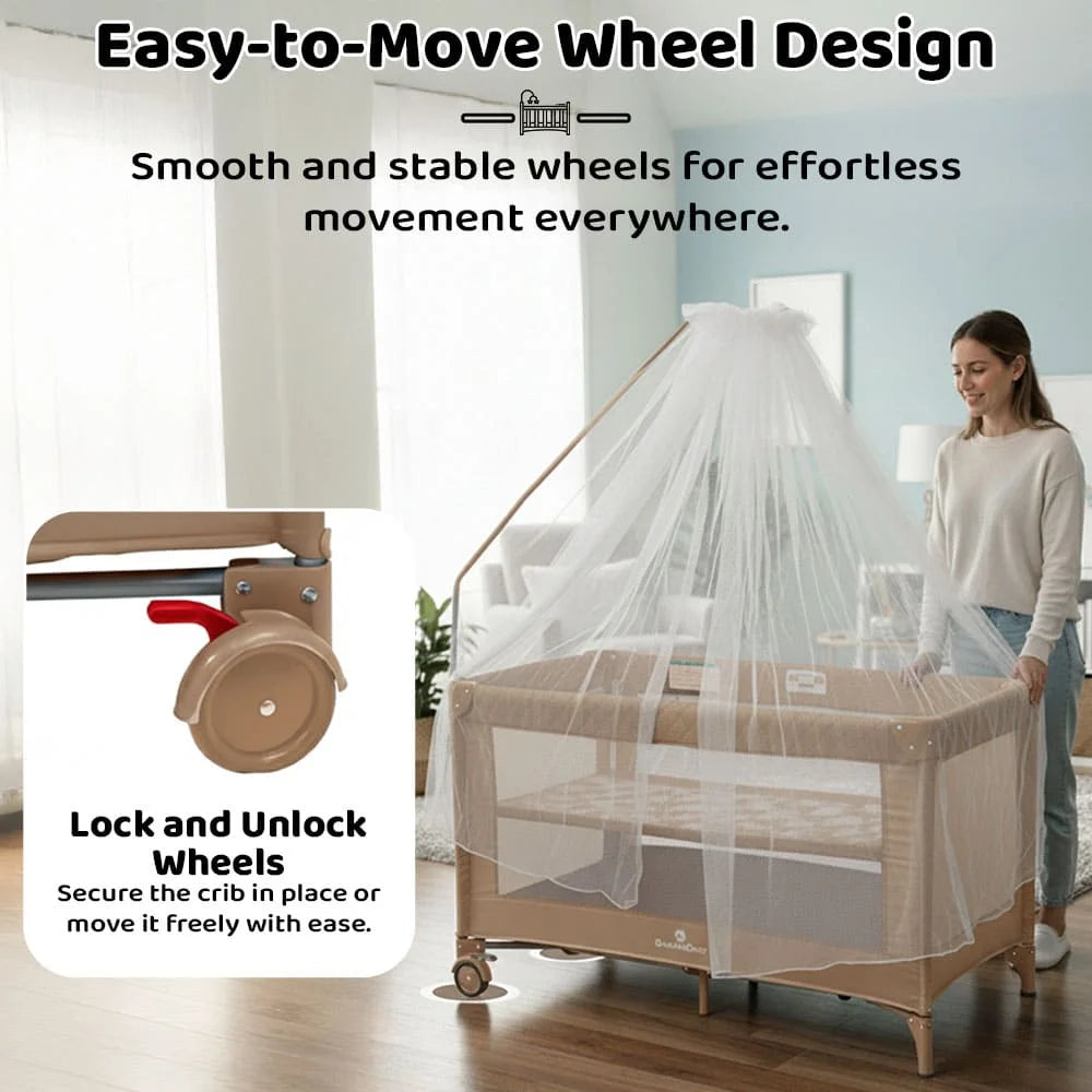 CozyCove Bedside Crib for Newborns, Convertible Baby Crib with Playpen, Mosquito Net, Comfortable Mattress and Easy Wheel Movement- Beige