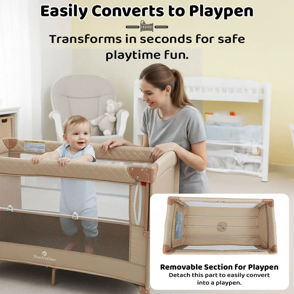 CozyCove Bedside Crib for Newborns, Convertible Baby Crib with Playpen, Mosquito Net, Comfortable Mattress and Easy Wheel Movement- Beige