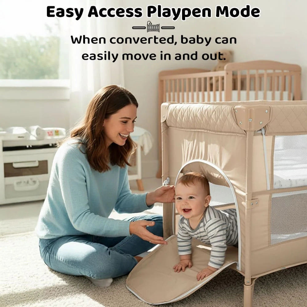 CozyCove Bedside Crib for Newborns, Convertible Baby Crib with Playpen, Mosquito Net, Comfortable Mattress and Easy Wheel Movement- Beige