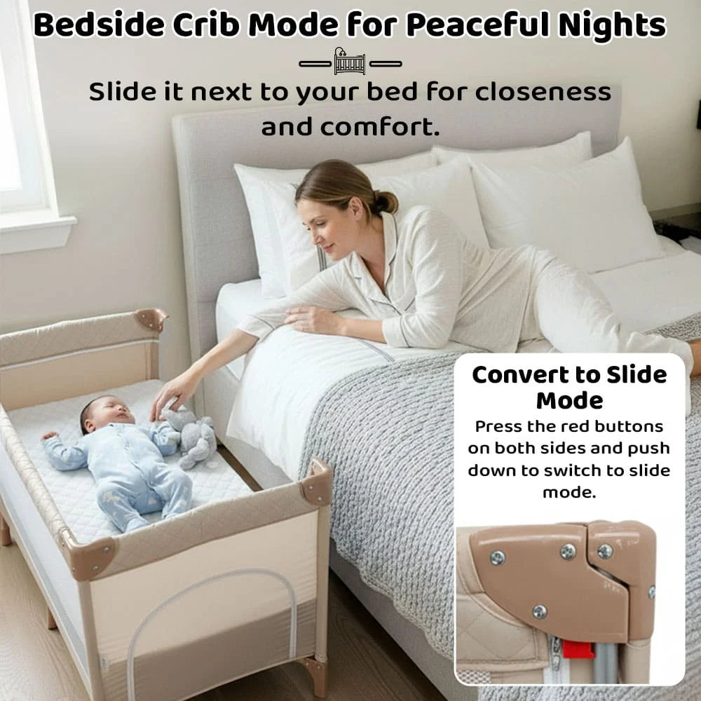 CozyCove Bedside Crib for Newborns, Convertible Baby Crib with Playpen, Mosquito Net, Comfortable Mattress and Easy Wheel Movement- Beige