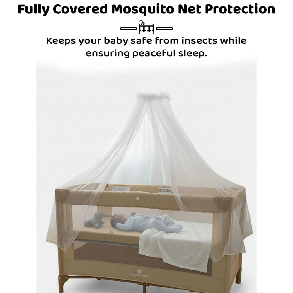 CozyCove Bedside Crib for Newborns, Convertible Baby Crib with Playpen, Mosquito Net, Comfortable Mattress and Easy Wheel Movement- Beige