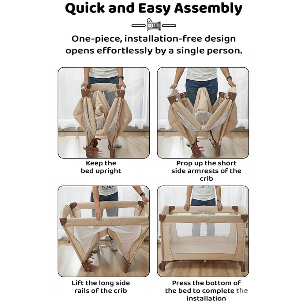 CozyCove Bedside Crib for Newborns, Convertible Baby Crib with Playpen, Mosquito Net, Comfortable Mattress and Easy Wheel Movement- Beige