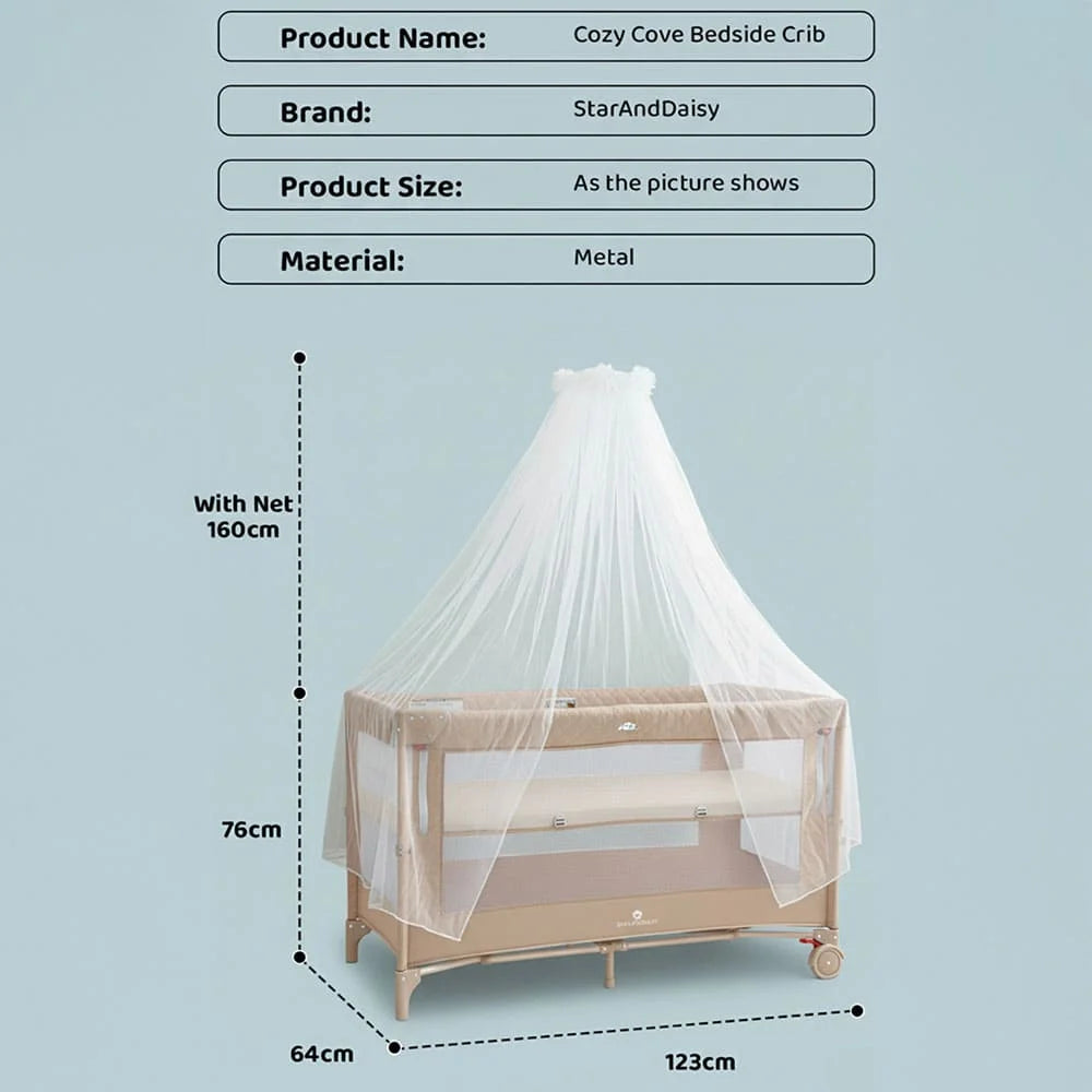CozyCove Bedside Crib for Newborns, Convertible Baby Crib with Playpen, Mosquito Net, Comfortable Mattress and Easy Wheel Movement- Beige