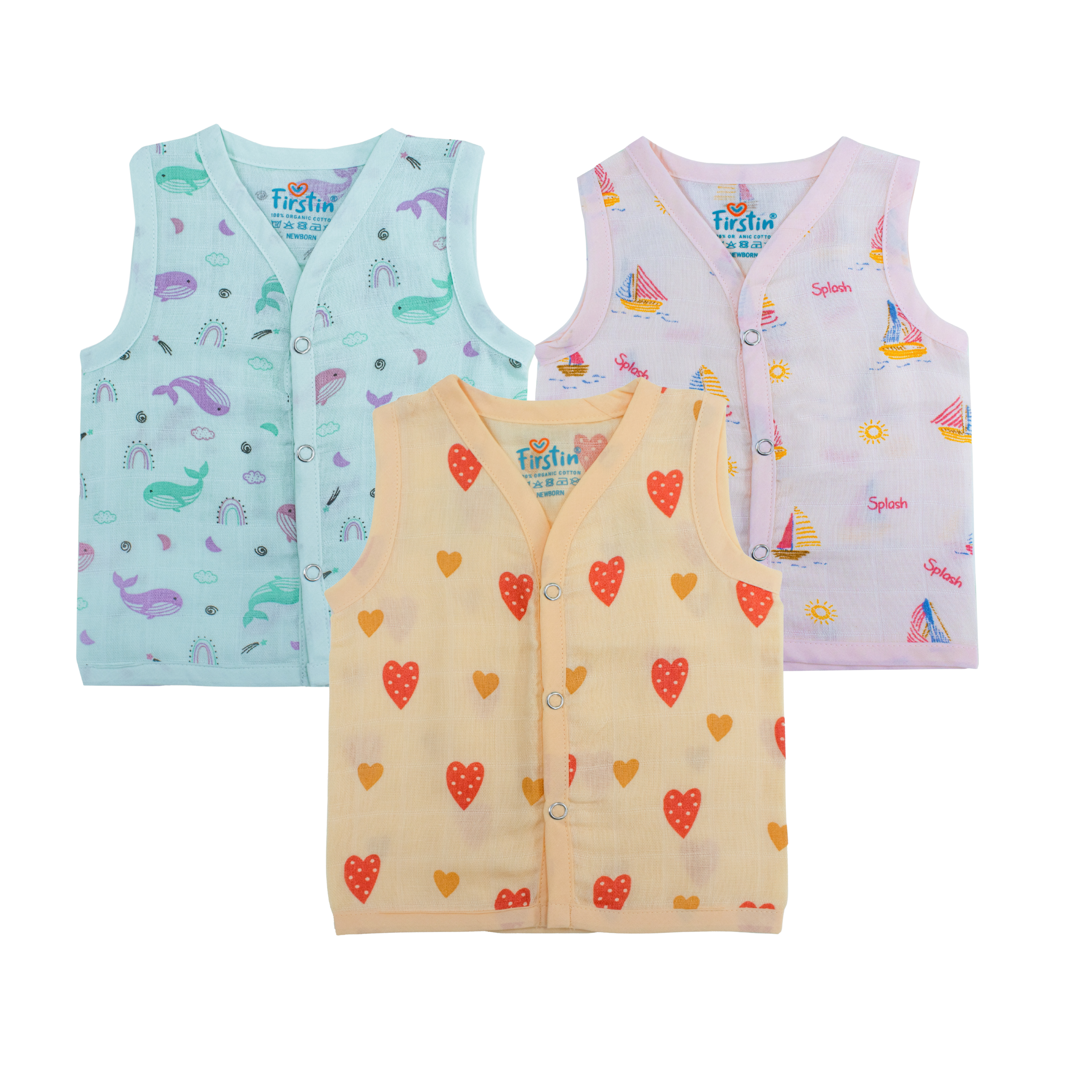 Muslin Button Type Jablas  | Soft Breathable Front Button Baby Tops |Combo Pack of 3- Assorted Prints