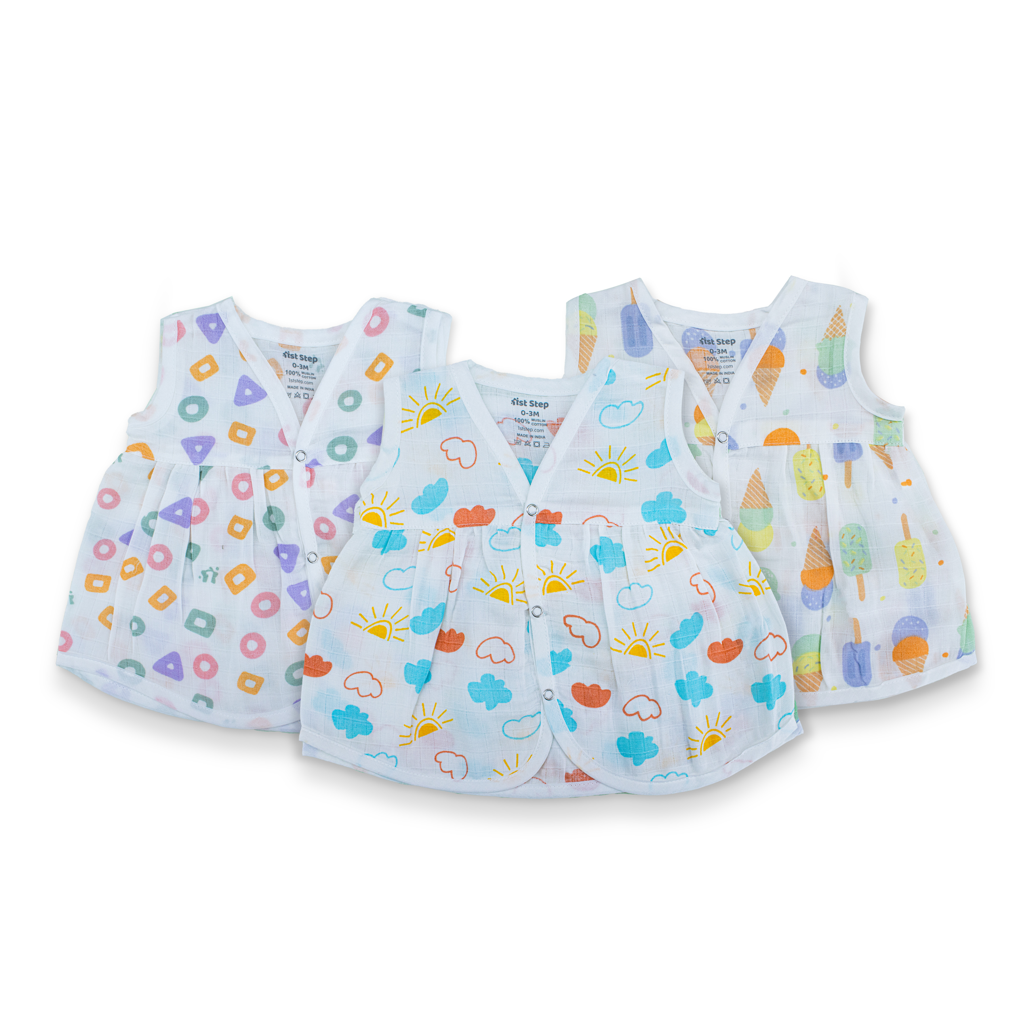 100% Soft Muslin Cotton Snap Button Baby Frock  | Breathable Lightweight Summer Baby Dress | Combo Pack of 3-Assorted Prints