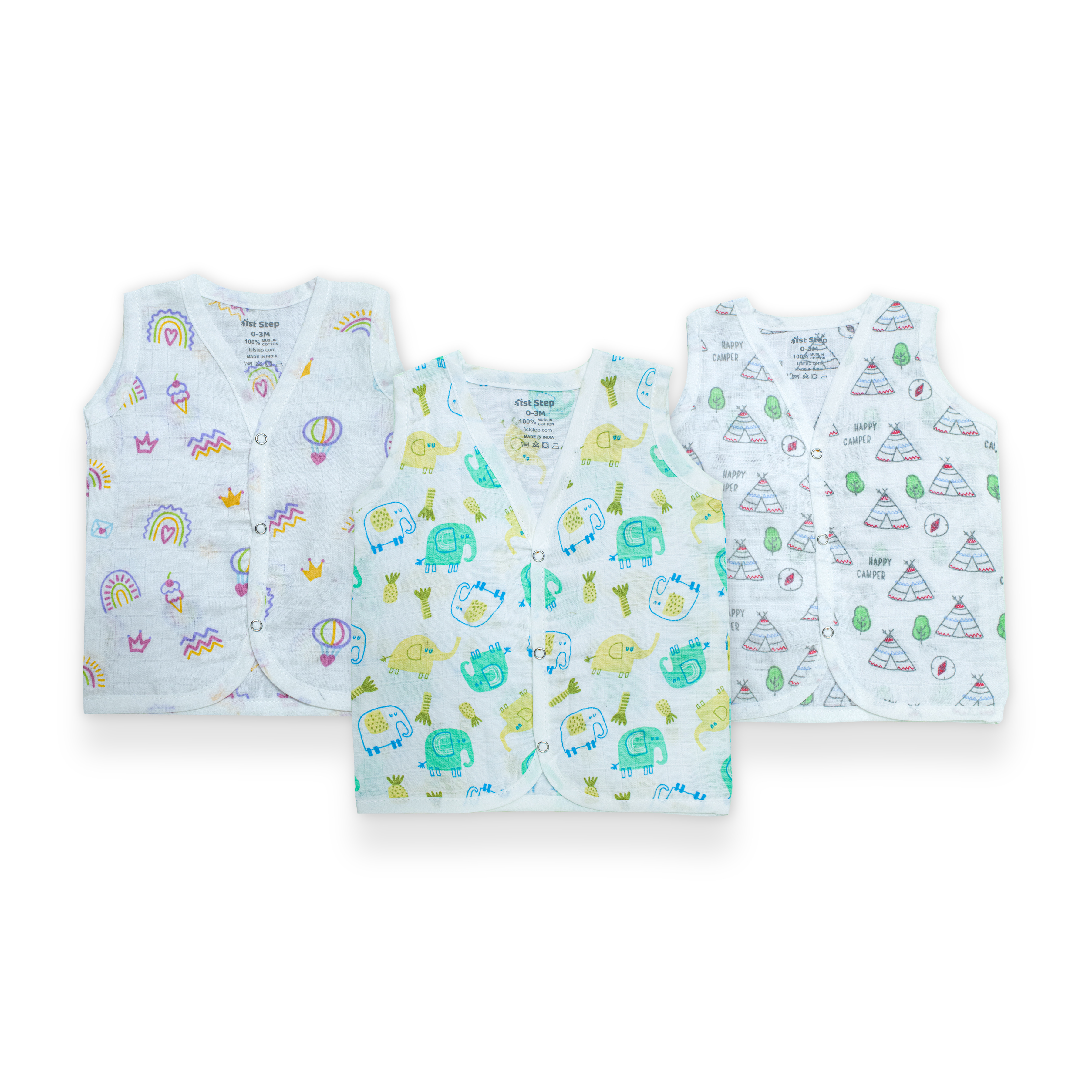 First Step Collection Muslin Button Jabla for Newborn Baby – Soft Breathable Cotton Front Button Top (Combo of 3)