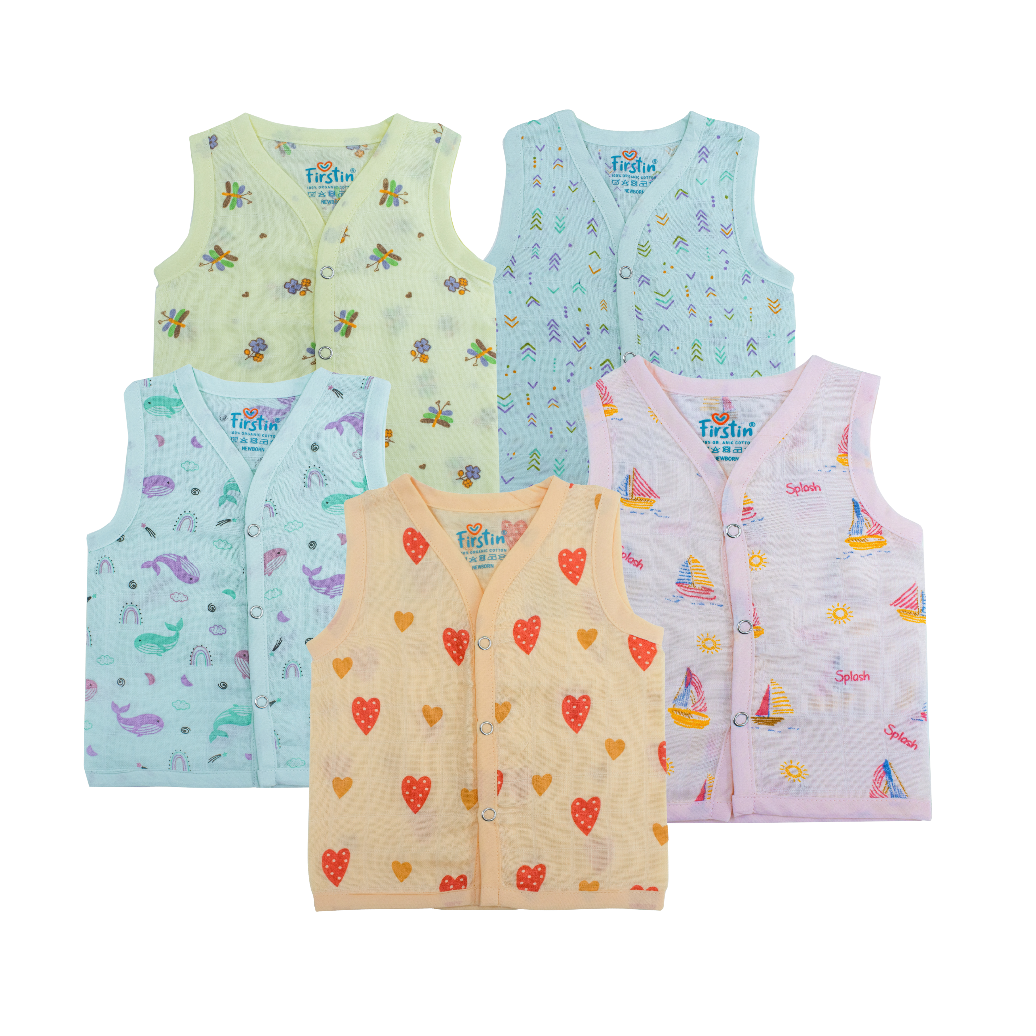 Muslin Button Type Jablas  | Soft Breathable Front Button Baby Tops | Combo Pack of 5-Assorted Prints
