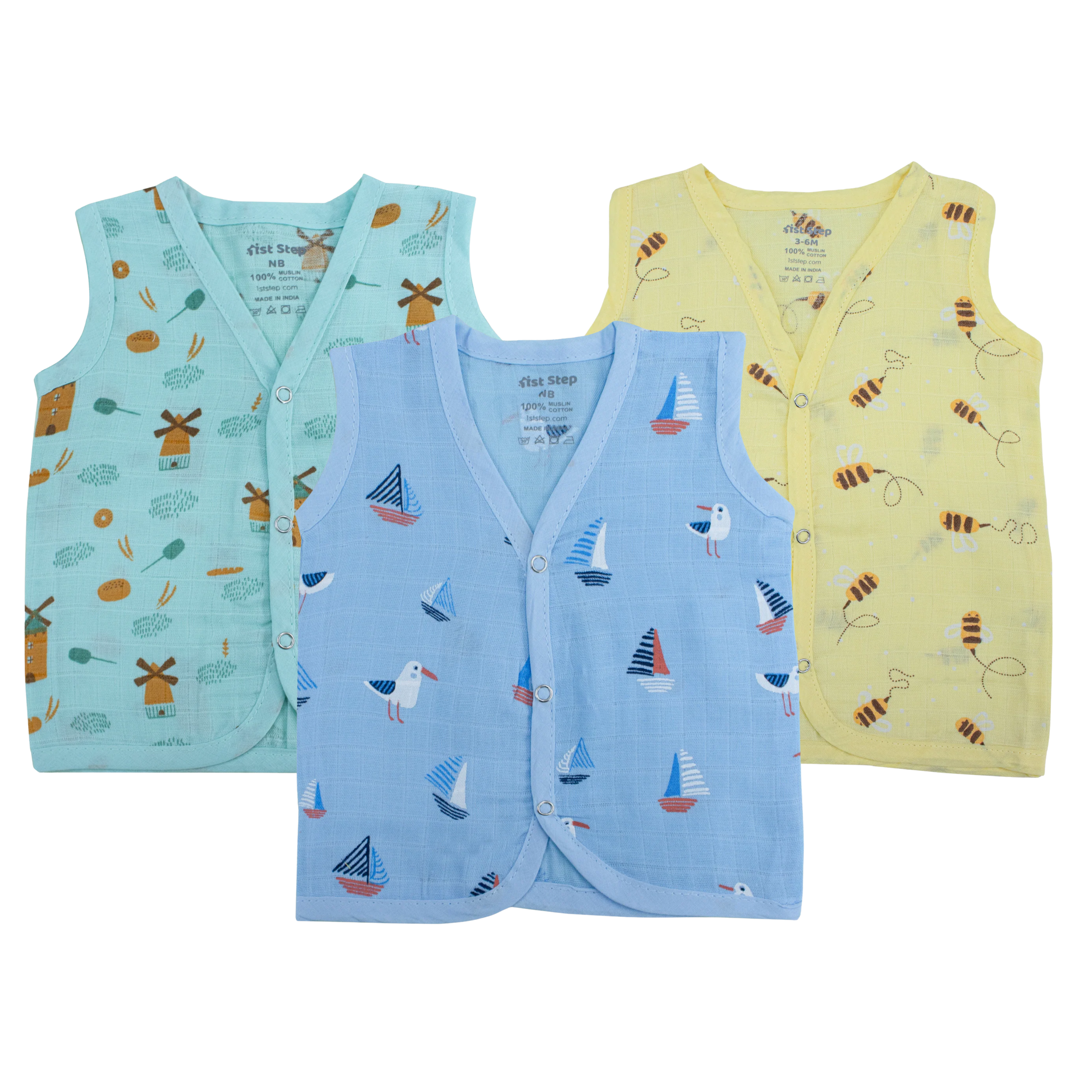 Muslin Button Type Jablas| Soft Breathable Front Button Baby Tops | Combo Pack of 3 - Assorted Prints