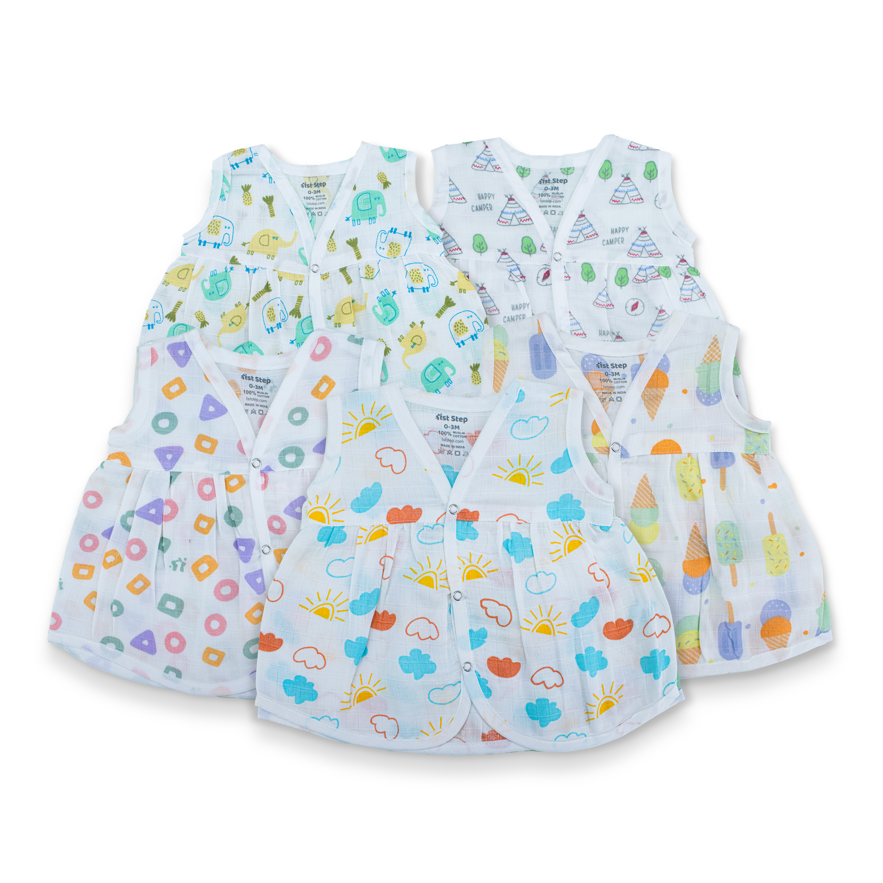 100% Soft Muslin Cotton Snap Button Baby Frock  | Breathable Lightweight Summer Baby Dress | Combo Pack of 5-Assorted Prints