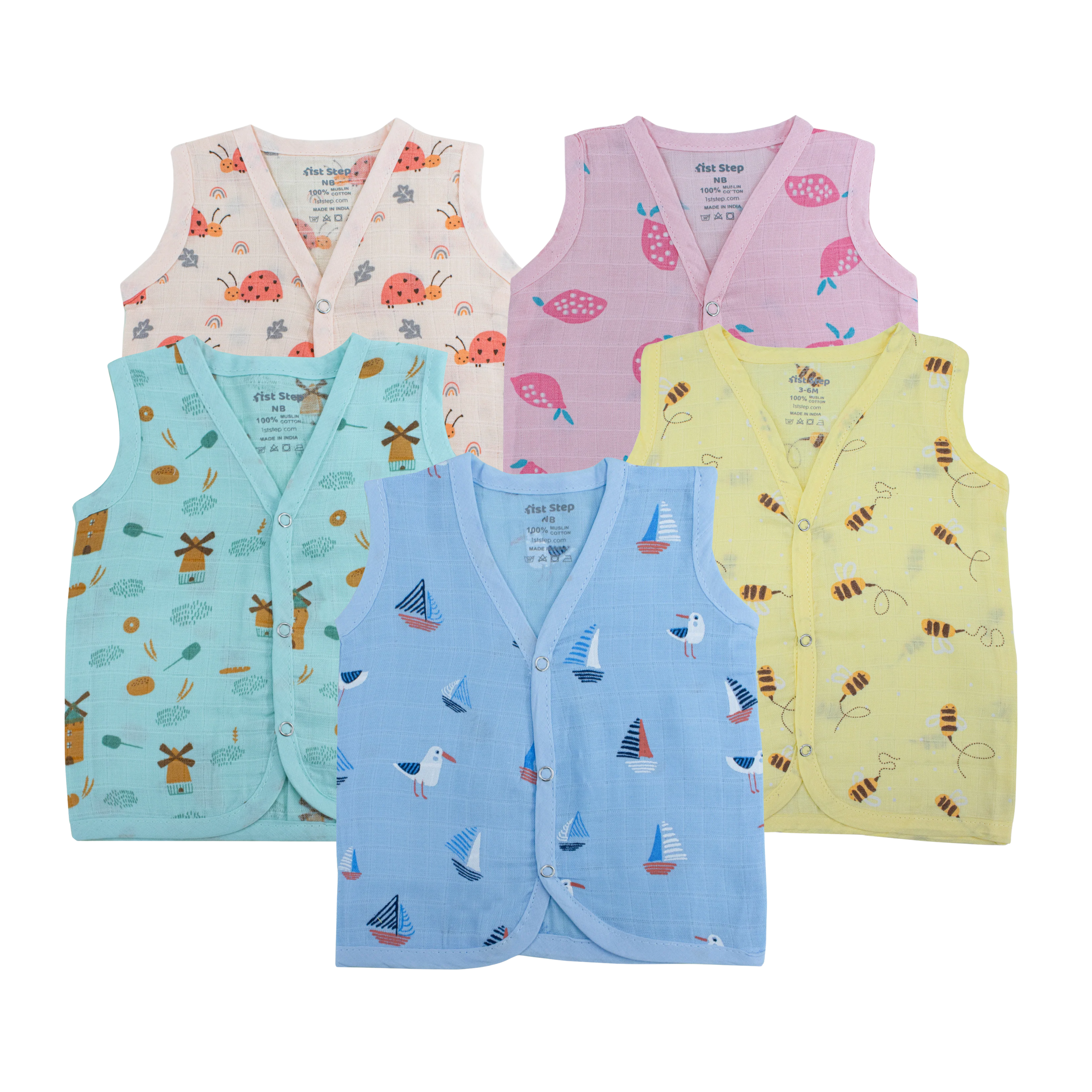 Muslin Button Type Jablas | Soft Breathable Front Button Baby Tops |  Combo Pack of 5-Assorted Prints