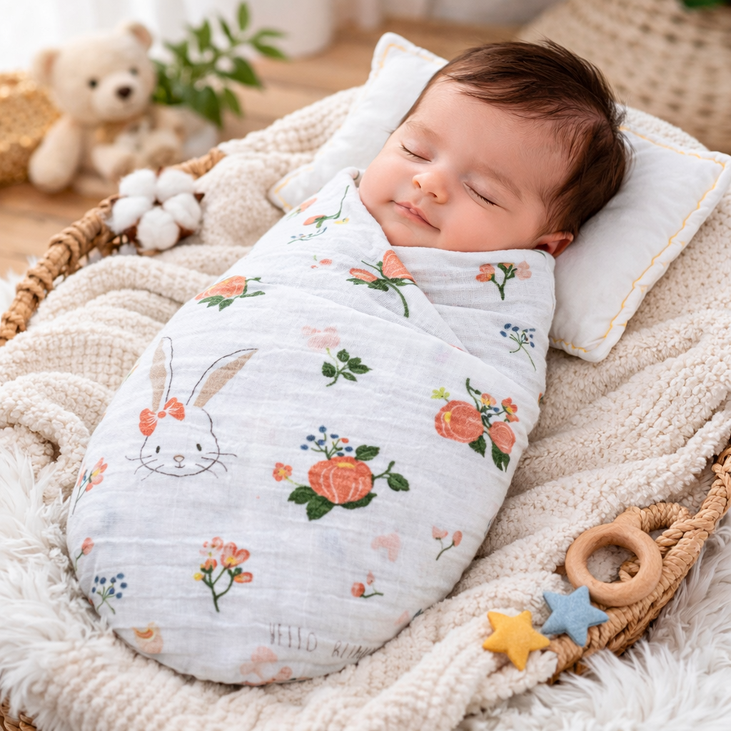 Organic 100% Cotton Baby Muslin Swaddle Cloth | Ultra-Soft & Breathable | 110×110 cm | Newborn–12 Months | Pack of 1