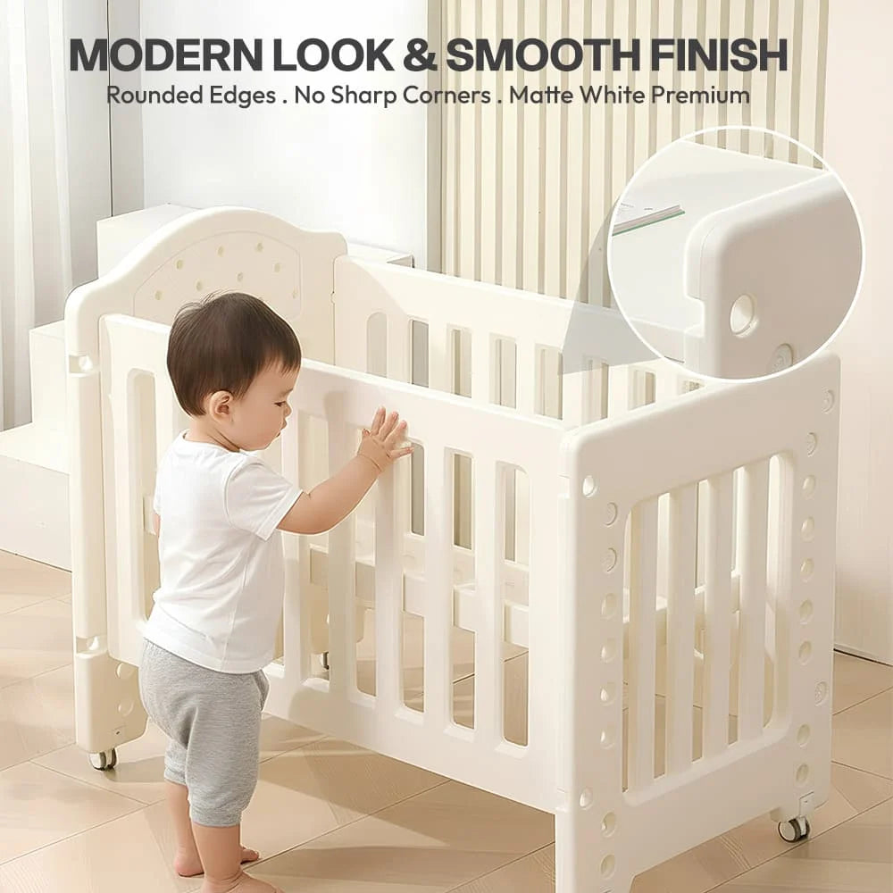 StarAndDaisy Tiny Dreams 4-in-1 Convertible Baby Cot Crib with Adjustable Height, HDPE Safe Material – White