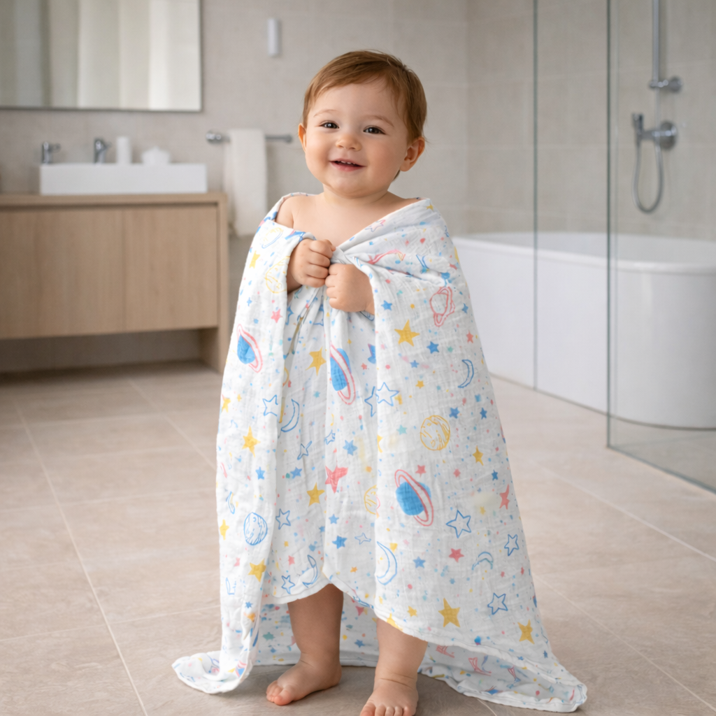 Baby Muslin Towel | Ultra Absorbent Cotton Muslin Bath Towel for Newborn & Toddler | Soft, Breathable & Quick Dry