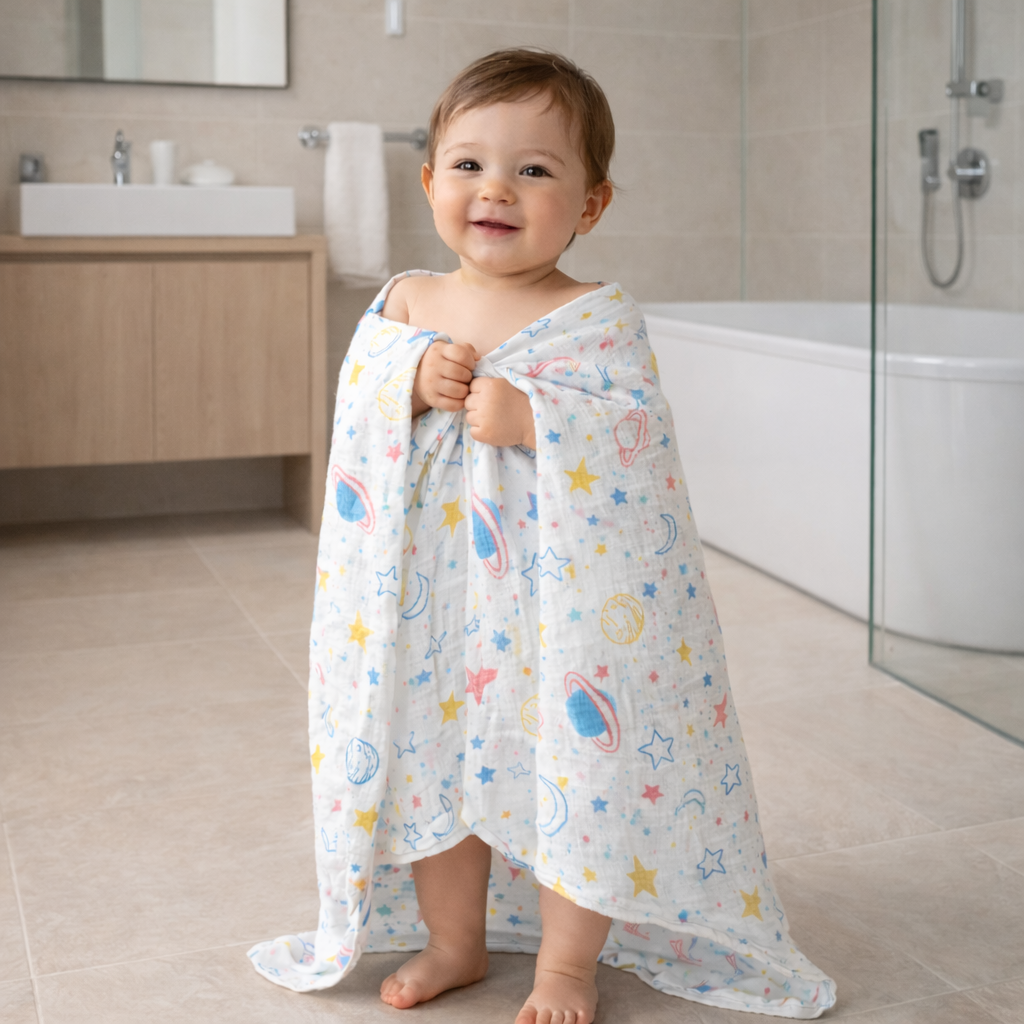 Baby Muslin Towel | Ultra Absorbent Cotton Muslin Bath Towel for Newborn & Toddler | Soft, Breathable & Quick Dry