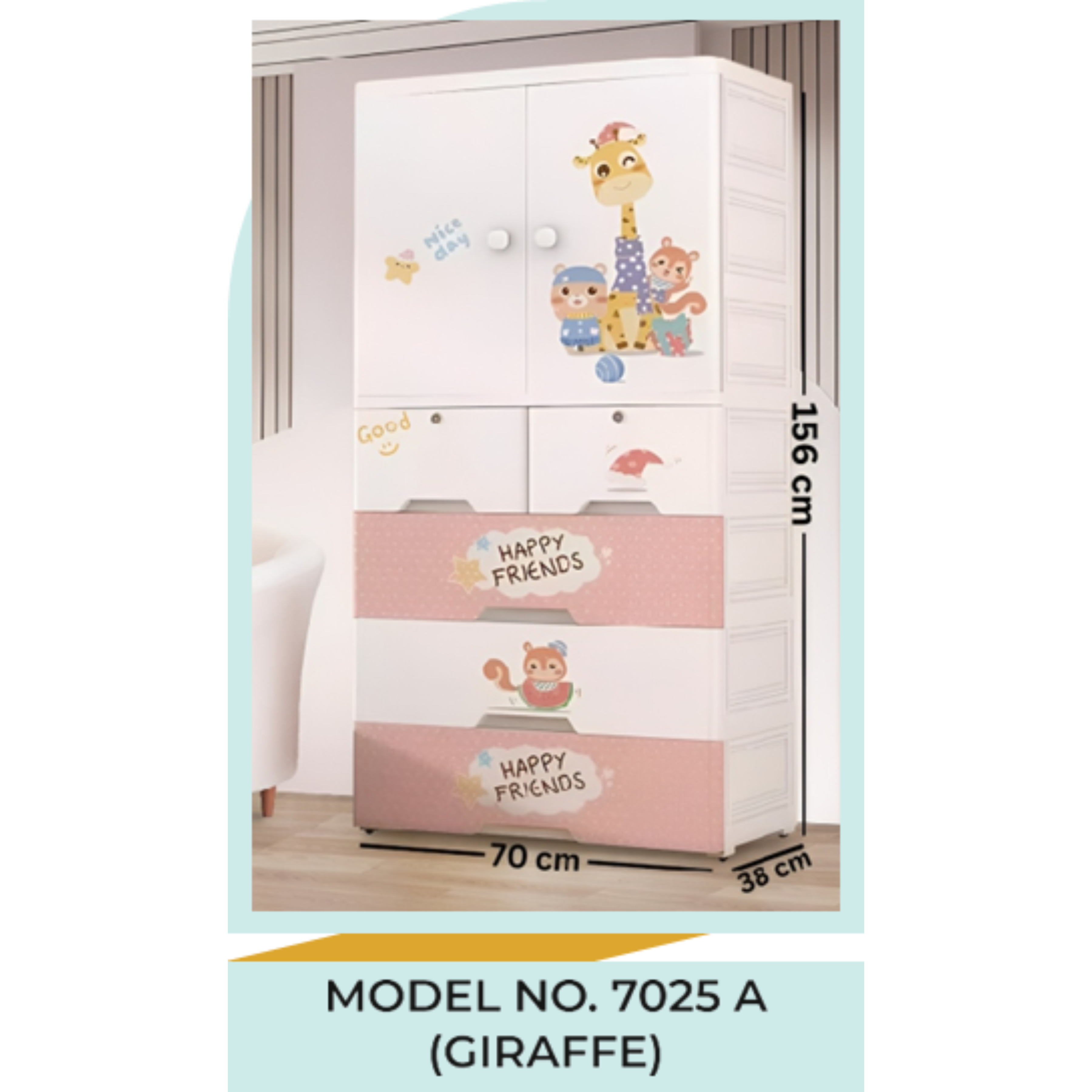 Kids Wardrobe Organizer| Multi-Layer Baby Clothes Storage Cabinet with Shelves | Space Saving Kids Storage Wardrobe(70x38x156 cm) Model No.7025(Giraffe))