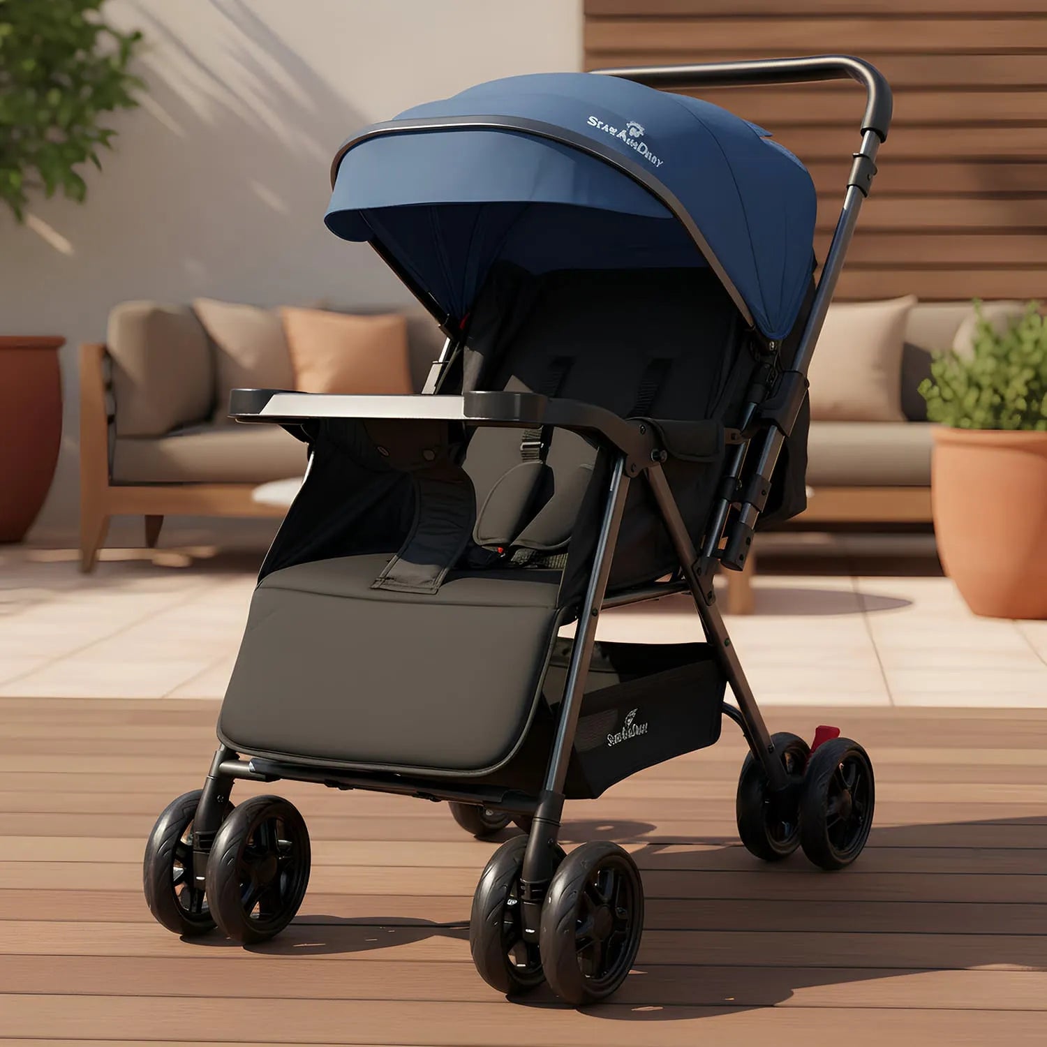 StarAndDaisy Urban Tot Baby Stroller with Reversible Handle | Foldable Baby Pram with Four-Wheel Brakes, Adjustable Canopy with Mosquito Net, Food Tray & Reclining Seat for Newborns to Toddlers