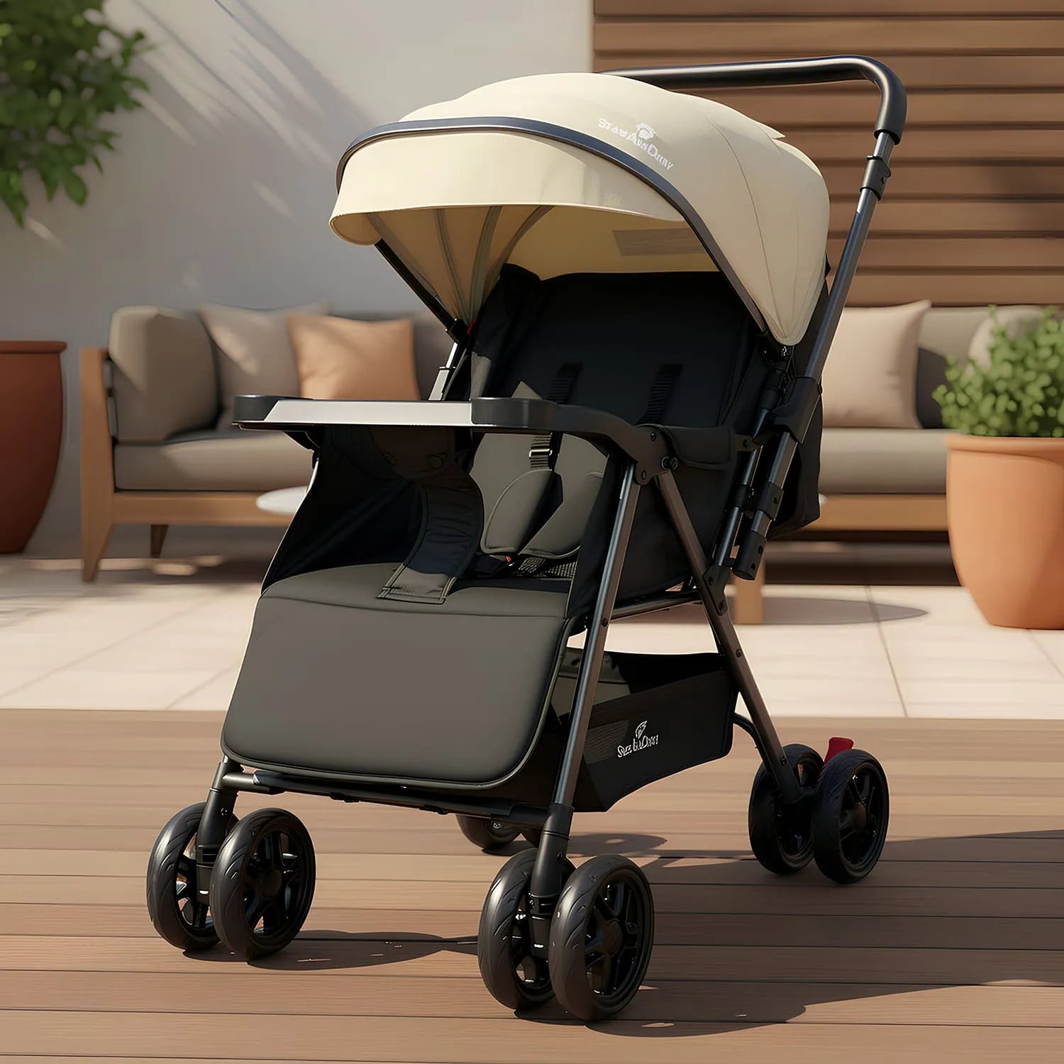 StarAndDaisy Urban Tot Baby Stroller with Reversible Handle | Foldable Baby Pram with Four-Wheel Brakes, Adjustable Canopy with Mosquito Net, Food Tray & Reclining Seat for Newborns to Toddlers