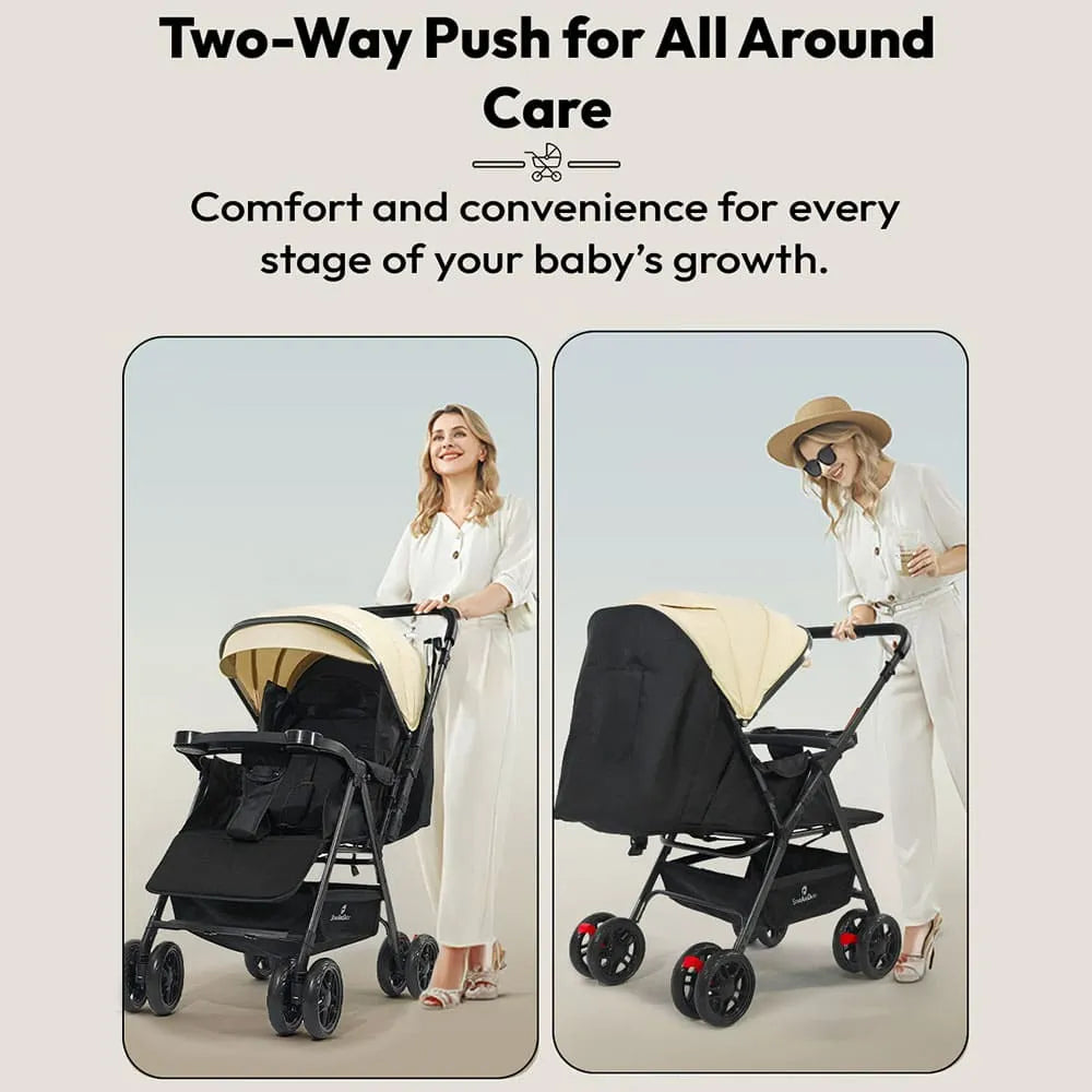 StarAndDaisy Urban Tot Baby Stroller with Reversible Handle | Foldable Baby Pram with Four-Wheel Brakes, Adjustable Canopy with Mosquito Net, Food Tray & Reclining Seat for Newborns to Toddlers