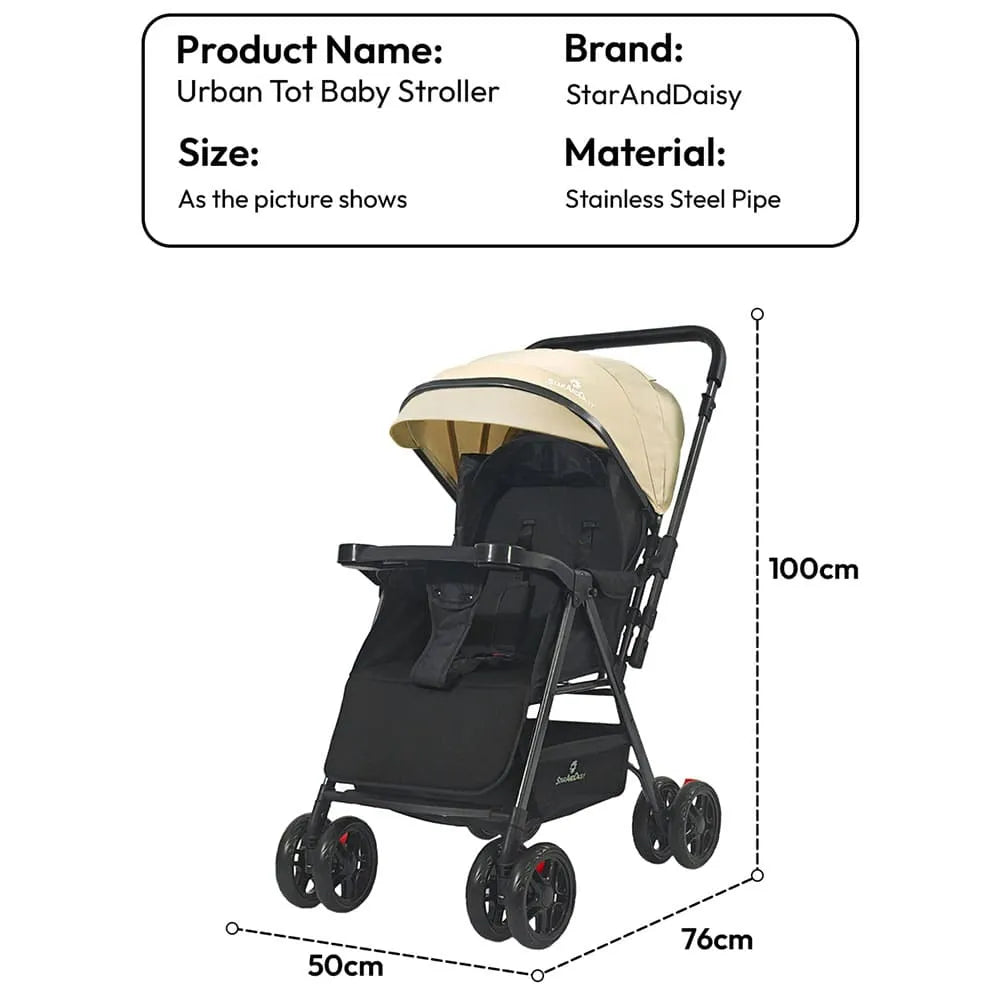 StarAndDaisy Urban Tot Baby Stroller with Reversible Handle | Foldable Baby Pram with Four-Wheel Brakes, Adjustable Canopy with Mosquito Net, Food Tray & Reclining Seat for Newborns to Toddlers