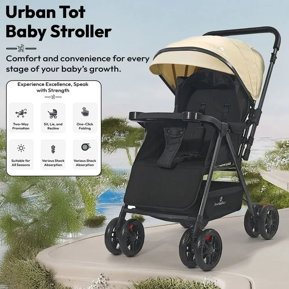 StarAndDaisy Urban Tot Baby Stroller with Reversible Handle | Foldable Baby Pram with Four-Wheel Brakes, Adjustable Canopy with Mosquito Net, Food Tray & Reclining Seat for Newborns to Toddlers