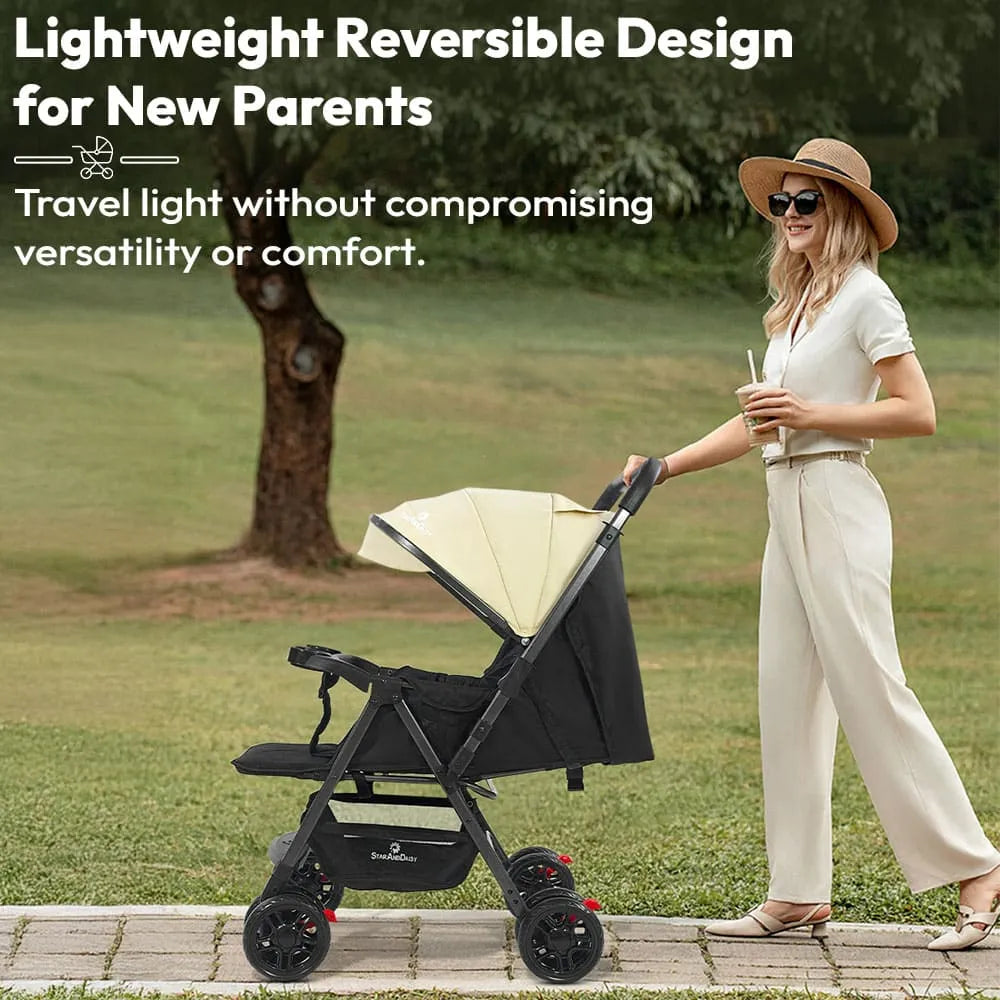 StarAndDaisy Urban Tot Baby Stroller with Reversible Handle | Foldable Baby Pram with Four-Wheel Brakes, Adjustable Canopy with Mosquito Net, Food Tray & Reclining Seat for Newborns to Toddlers