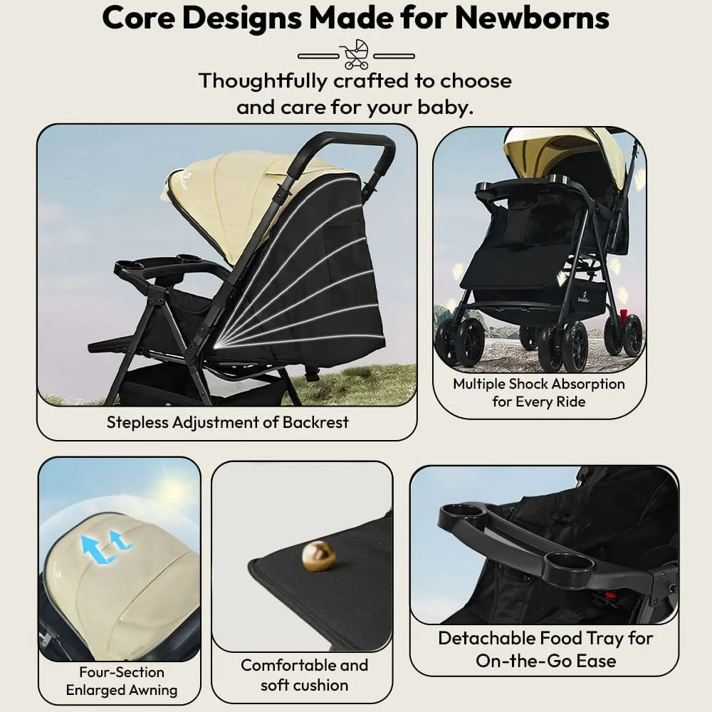 StarAndDaisy Urban Tot Baby Stroller with Reversible Handle | Foldable Baby Pram with Four-Wheel Brakes, Adjustable Canopy with Mosquito Net, Food Tray & Reclining Seat for Newborns to Toddlers