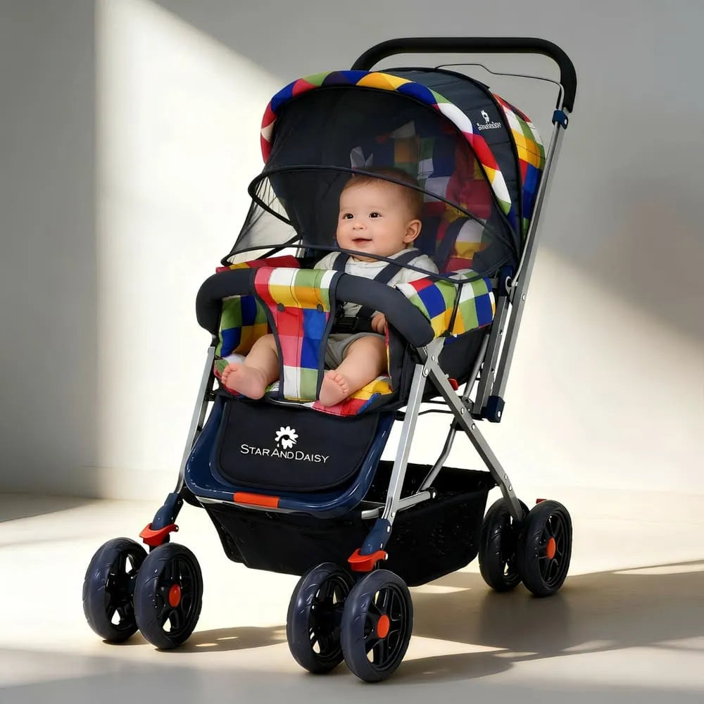 StarAndDaisy Sunrise Baby Stroller & Pram with Extended Mosquito Net | Reversible Handlebar, Ultra-Soft Cushions & Reclining Seat | Newborn to Toddler