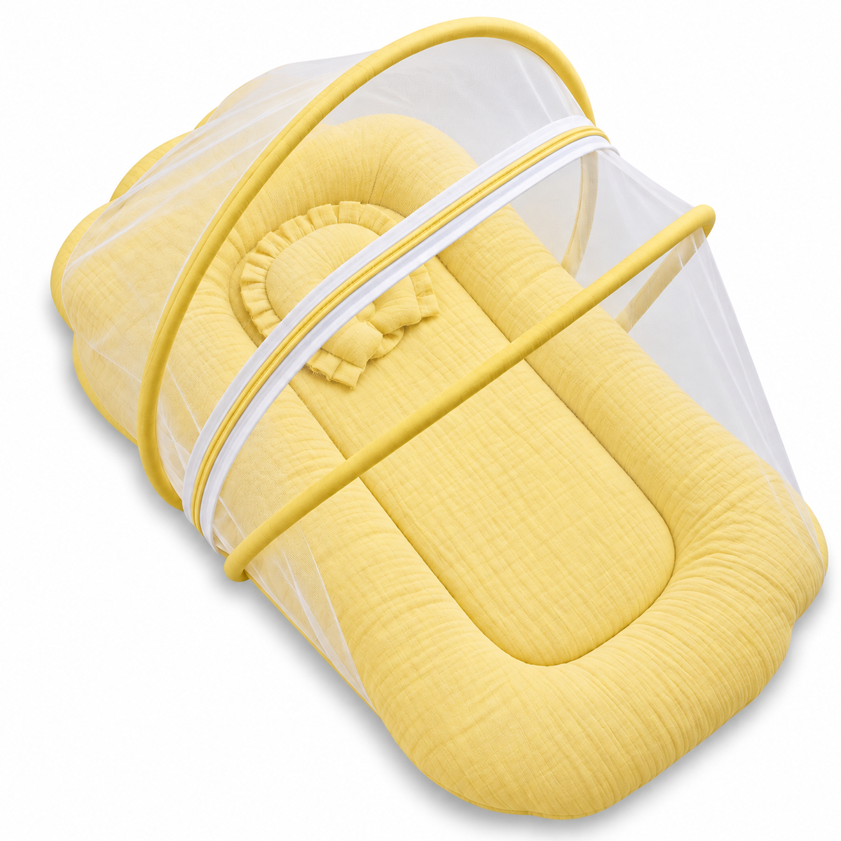 Crushed Muslin Baby Sleeping Bed with Mosquito Net & Pillow | Portable Net Bed for Newborns