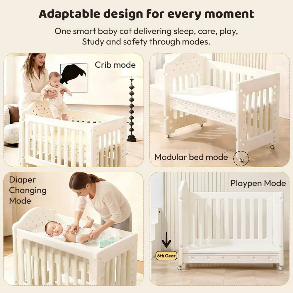 StarAndDaisy Tiny Dreams 4-in-1 Convertible Baby Cot Crib with Adjustable Height, HDPE Safe Material – White