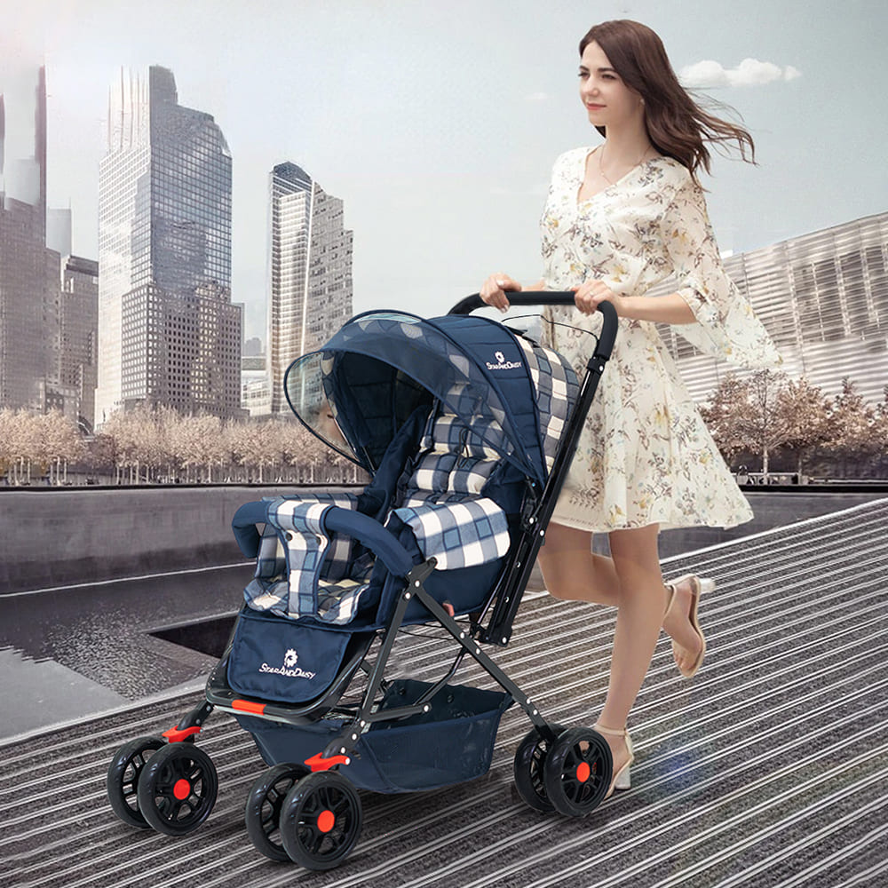 StarAndDaisy Sunrise Baby Stroller & Pram with Reversible Handlebar, Extended Mosquito Net, Ultra-Soft Cushioned Seat, Multi-Position Recline, One-Hand Fold Travel Stroller – White Checks Print